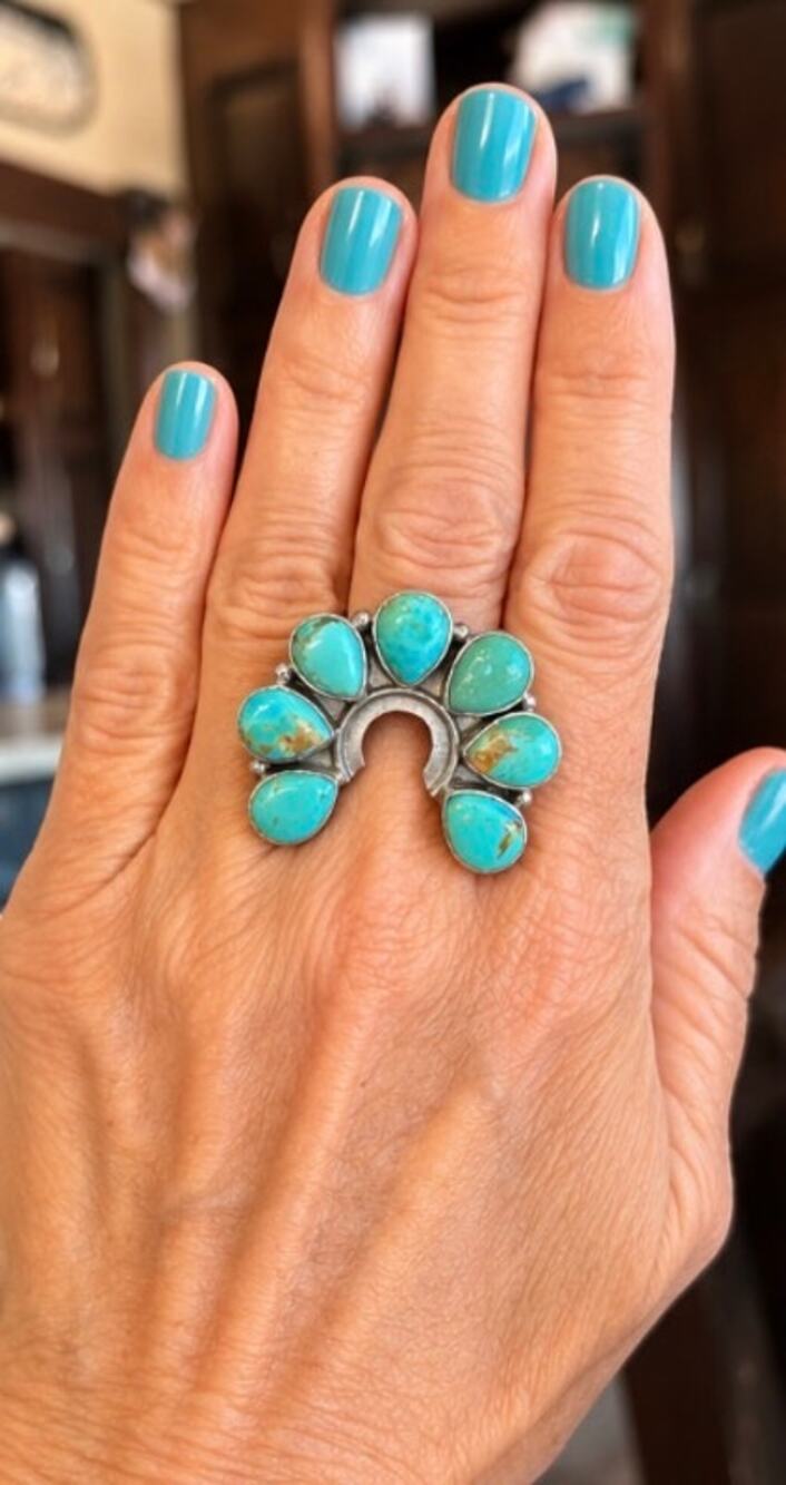 Number 8 Turquoise Naja Horseshoe Ring – Sterling Silver Adjustable Southwestern